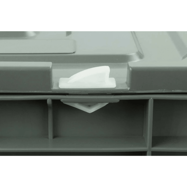 Close-up of RackZone Euro Container Locking Clips (Pack of 50) on a gray lid.