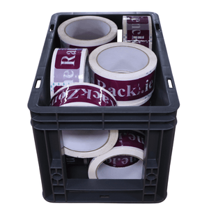 A RackZone Euro Picking Container (grey) holds large rolls of branded tape.