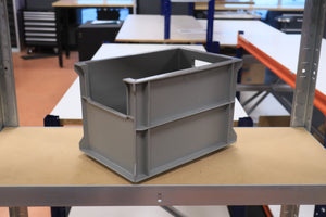 A RackZone Euro Picking Container, light grey, sits on a shelf in a workspace.