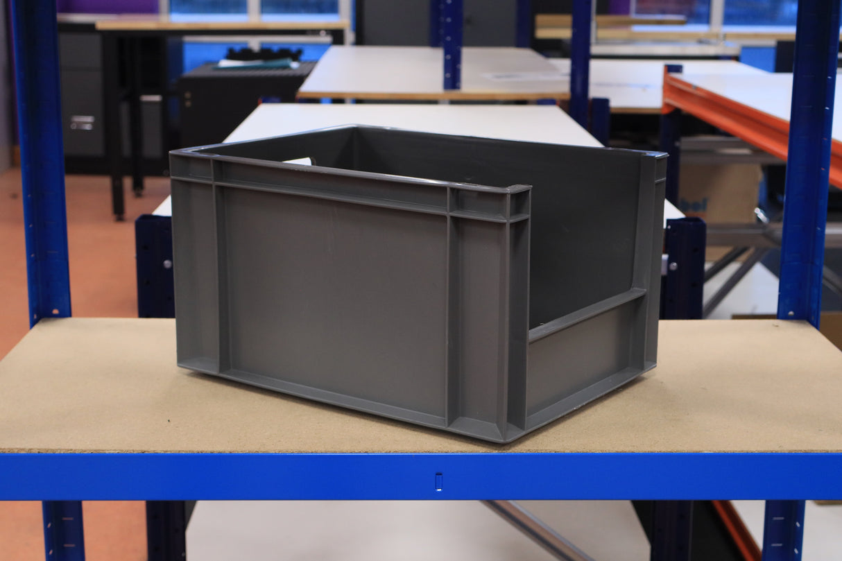 A RackZone grey Euro Picking Container rests on a wooden shelf in storage.