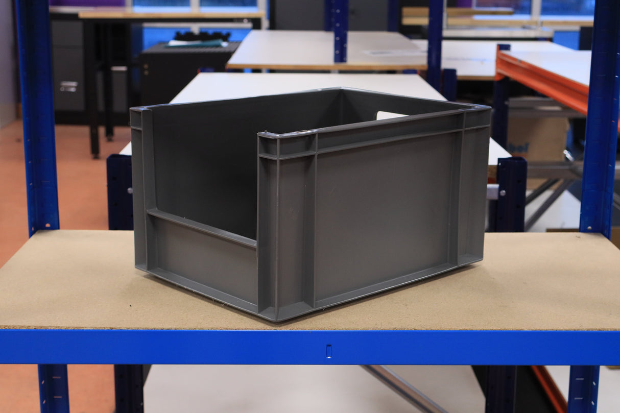 A RackZone grey Euro Picking Container is on a shelf in a storage area.