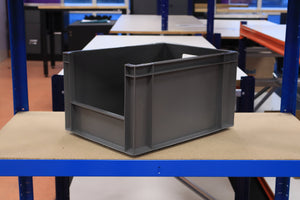 A RackZone grey Euro Picking Container is on a shelf in a storage area.
