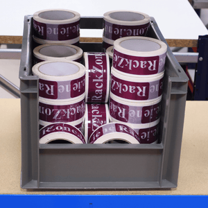 RackZone Euro Picking Container 400x300x220mm Grey holding maroon tape rolls.