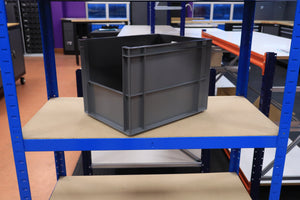 A RackZone grey Euro Picking Container sits on a shelf in the workshop.