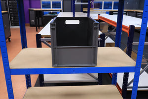RackZone Gray Euro Picking Container on a blue shelf in a workshop or storage room.