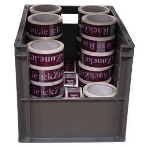 RackZone Euro Picking Container filled with printed packing tape rolls.