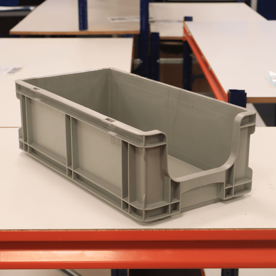 RackZone Euro Picking Container 505d x 256w x 165h Grey on a white table.
