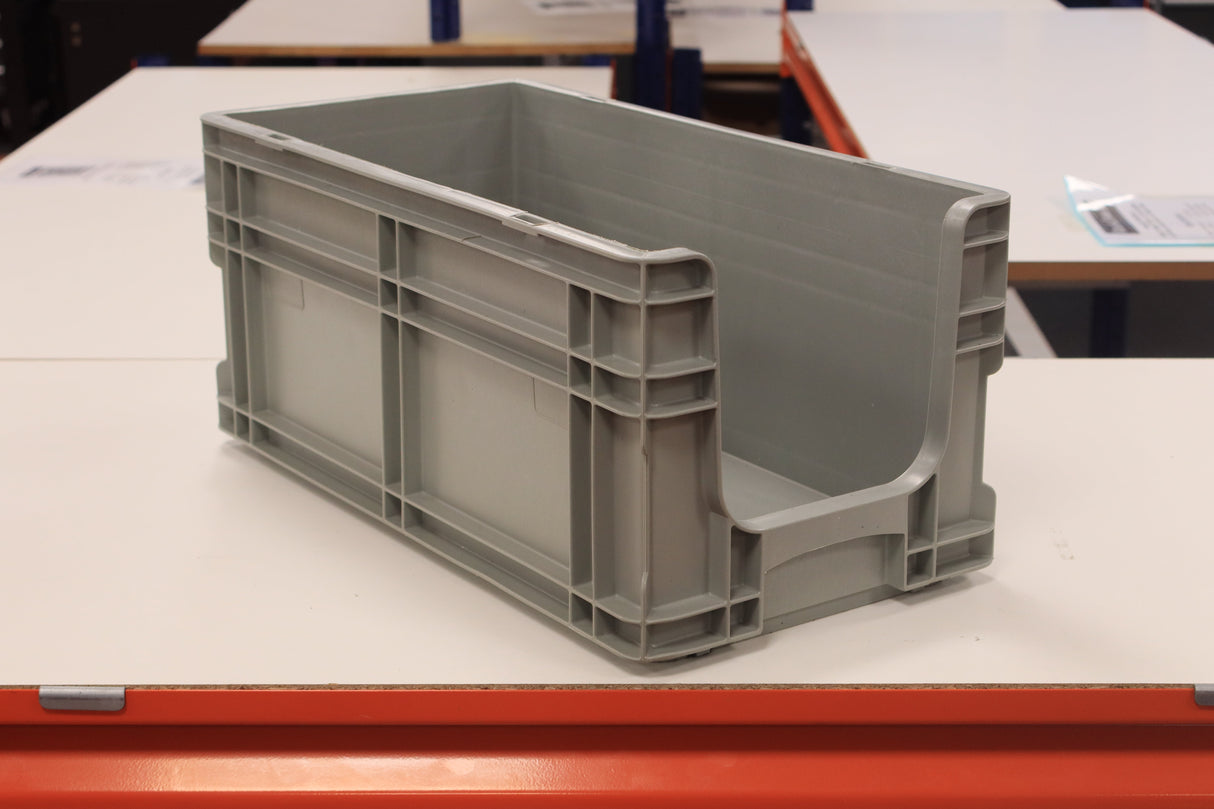 A RackZone Euro Picking Container (grey) sits on a white table.