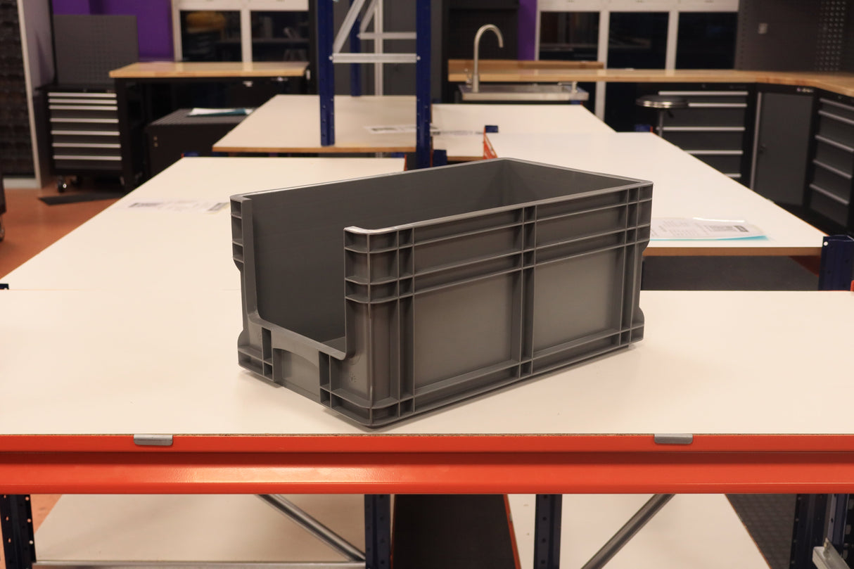 RackZone Pallet Deal: 72 Grey Euro Picking Containers on a workshop table.