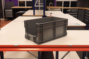RackZone Pallet Deal: 72 Grey Euro Picking Containers on a workshop table.
