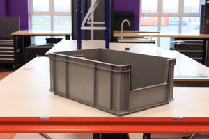 A RackZone 45 Euro Picking Container sits on a white table in a workshop.