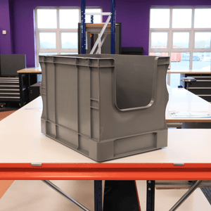 A RackZone Euro Picking Container 600x400x420mm Grey sits on a white table.