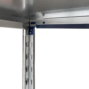 Close-up of Easy Rack Galvanise shelf bracket by RackZone connecting two shelves.