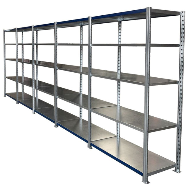 Five RackZone Easy Rack Galvanise 5 Bay shelves, 2000h x 1000w x 300d, side by side.