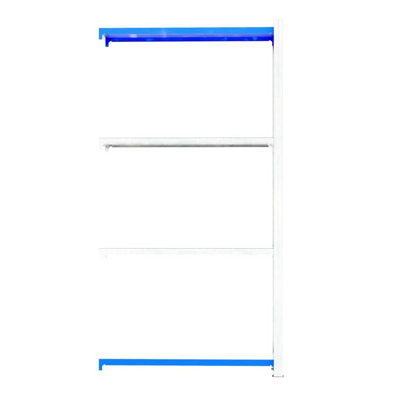 RackZone Easy Rack Galvanised Shelving Extender with 3 white shelves, blue bars.