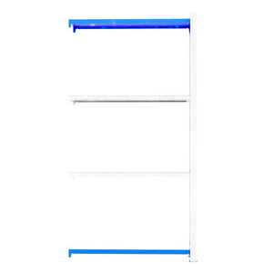 RackZone Easy Rack Galvanised Shelving Extender with 3 white shelves, blue bars.