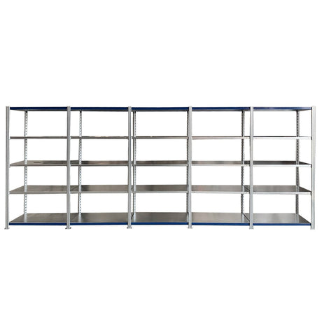Four Easy Rack Galvanise 5 Bay Shelving Units by RackZone, each with 5 shelves.