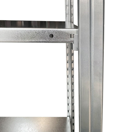 Close-up of RackZone Easy Rack Galvanise 5 Level shelving with adjustable slots.
