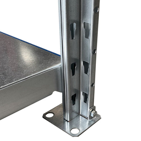 Close-up of RackZone Easy Rack Galvanise 5 BAY SPECIAL corner post and base plate.
