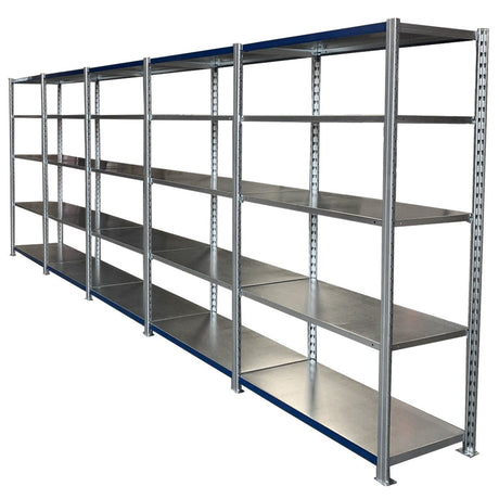 Four connected RackZone Easy Rack Galvanise 5 BAY shelving units, metal.