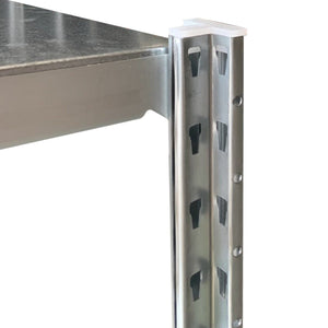 Close-up of RackZone Easy Rack Galvanise shelving with adjustable slots and cap.