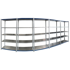 Six empty RackZone Easy Rack Galvanise 5 BAY shelves, organized and connected.