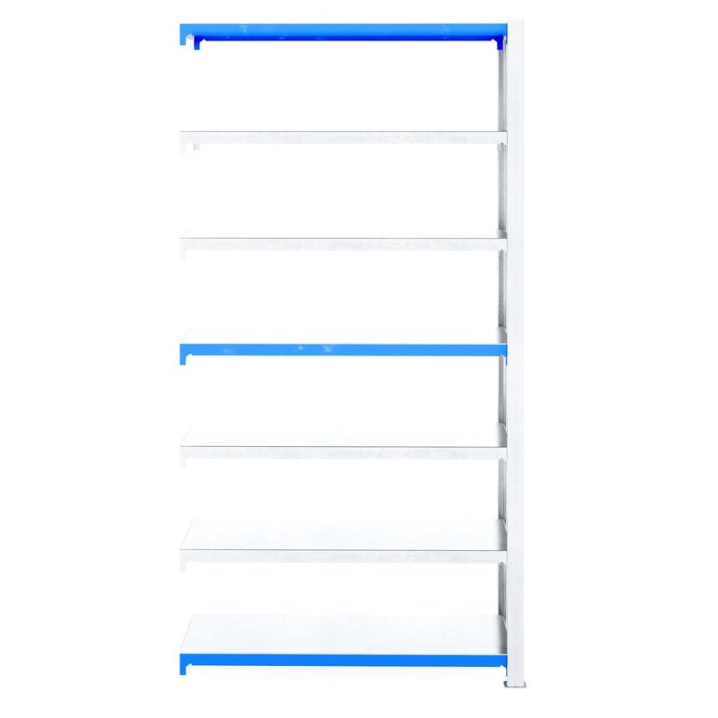 RackZone Easy Rack Galvanised Extender, tall unit with 6 blue-trim shelves.