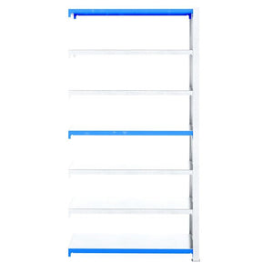 RackZone Easy Rack Galvanised Extender, tall unit with 6 blue-trim shelves.