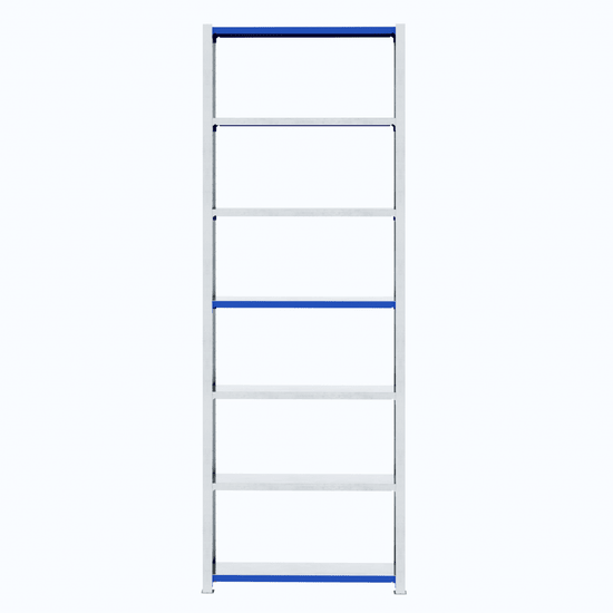 A tall RackZone Easy Rack galvanised unit with five shelves and blue accents.