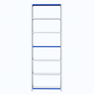 A tall RackZone Easy Rack galvanised unit with five shelves and blue accents.
