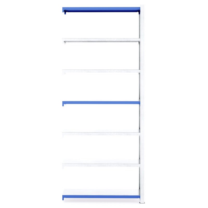 RackZone Easy Rack galvanised extender with six blue-edged shelves, 400mm deep.