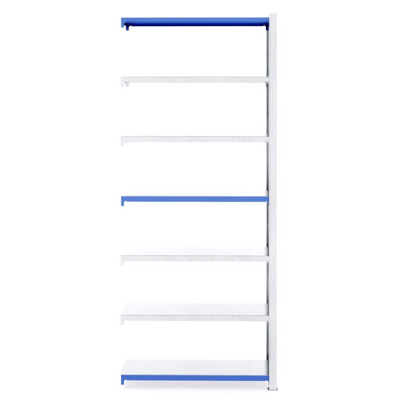 RackZone Easy Rack Galvanised Shelving Extender, 6 blue-edged shelves, front view.