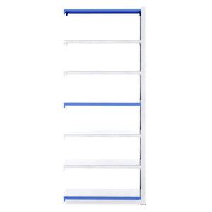RackZone Easy Rack Galvanised Shelving Extender, 6 blue-edged shelves, front view.