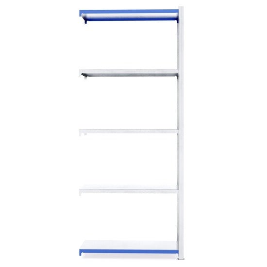 RackZone Easy Rack Galvanised Shelving Extender, 5-tier, white with blue trim.