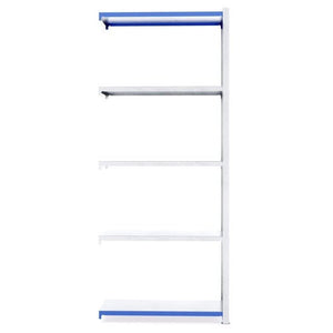 RackZone Easy Rack Galvanised Shelving Extender, 5-tier, white with blue trim.