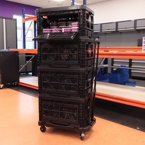 RackZone Foldable Picking Crate Dolly c/w Handle 48L in a storage area.