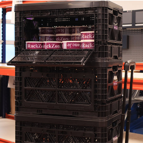 RackZone 48L Foldable Picking Crate Dolly with Handle used in a busy warehouse.