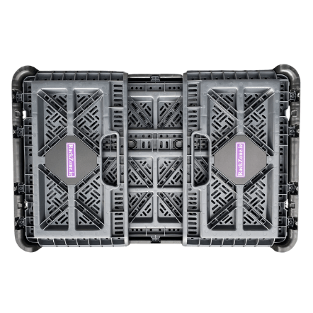 RackZone Foldable Crate 59L, grey, stackable, top view with patterned lid.