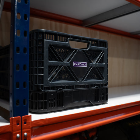 RackZone Foldable Crate 59L, grey, 600x400x300mm on warehouse shelf.