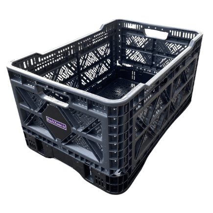 RackZone Foldable Crate 59L, Grey, 600x400x300mm with handles and vents.