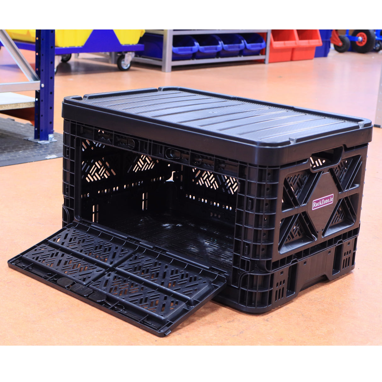 RackZone 48L Foldable Picking Crate (540x360x300mm) with lid, black, open on floor.