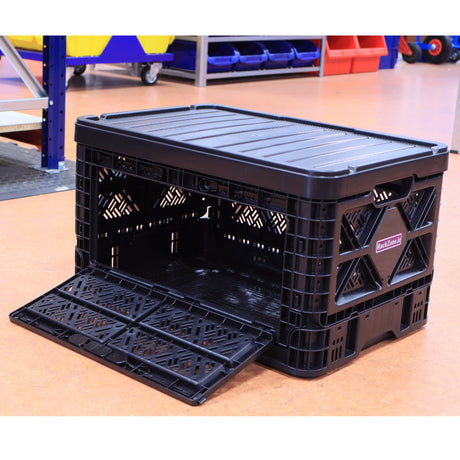 RackZone 48L Foldable Picking Crate (540x360x300mm) with lid, black, open on floor.