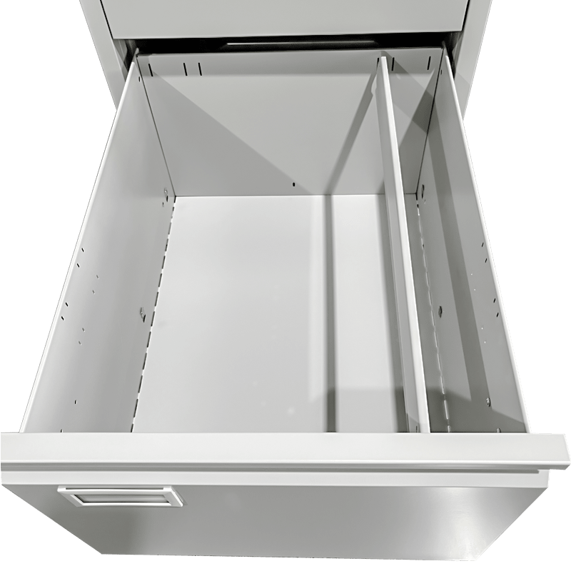Top view of open drawer with divider in RackZone Two Door Filing Cabinet.