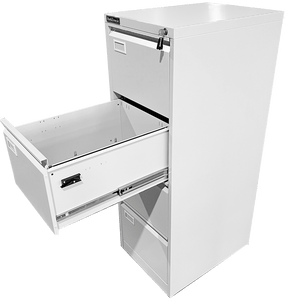 RackZone Four Door Filing Cabinet, white, second drawer open for office storage.