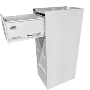 RackZone Four Door Filing Cabinet 1323H x 457W x 620D, top drawer open.