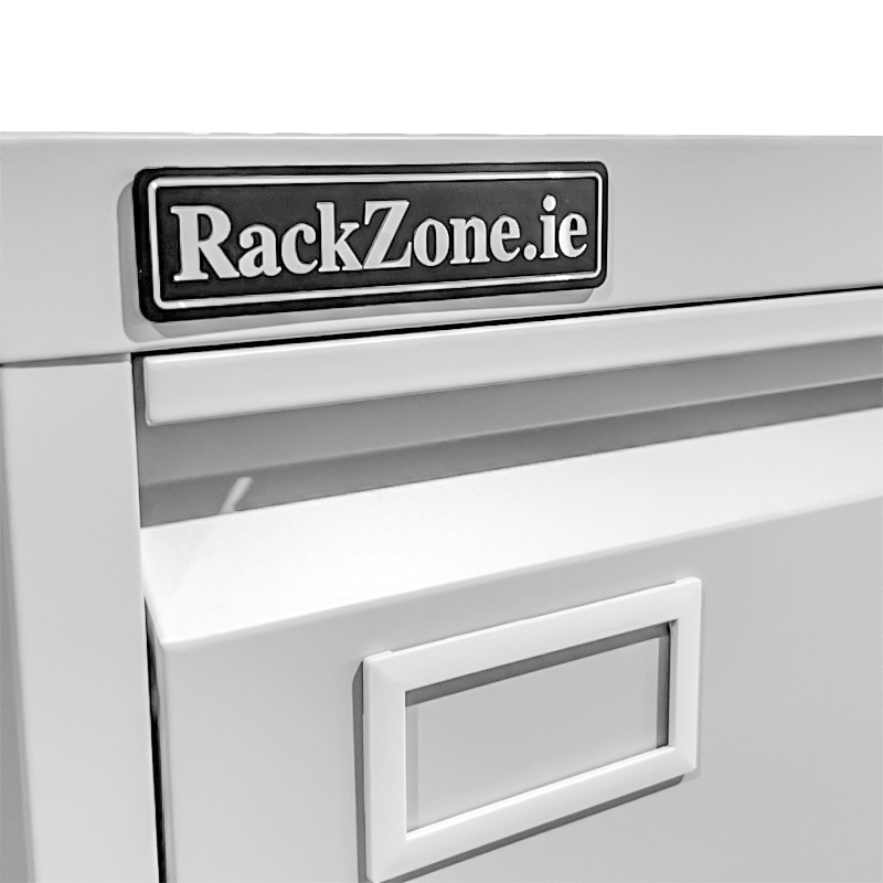 Close-up of a RackZone Four Door Filing Cabinet with handle and lockable drawer.