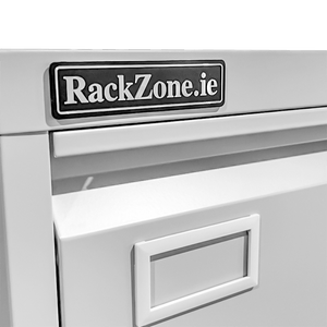 Close-up of a RackZone Four Door Filing Cabinet with handle and lockable drawer.