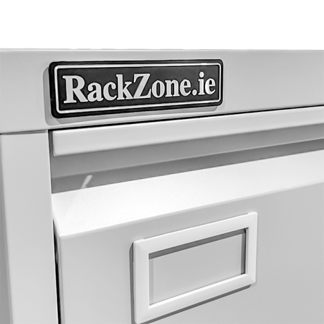 Close-up of a RackZone Four Door Filing Cabinet with handle and lockable drawer.