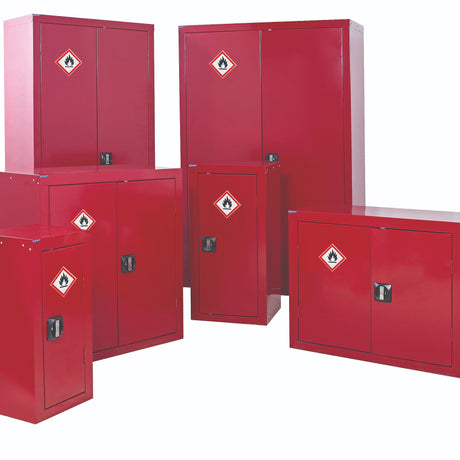 Five RackZone flammable cupboards with 3 shelves and black no-snag handles.