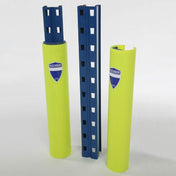 Three RackZone 80mm HDPE upright protectors—two yellow, one blue.